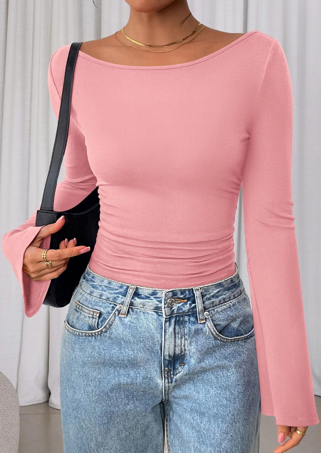 imagePRETTYGARDEN Womens Long Sleeve Shirts 2025 Fall Crop Going Out Tops Casual Boat Neck Bell Sleeve Ribbed Ruched Y2K ClothesPink