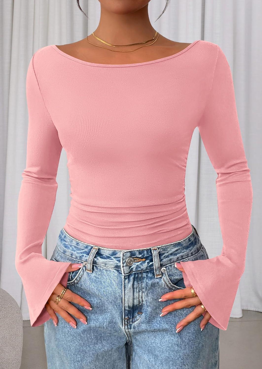 imagePRETTYGARDEN Womens Long Sleeve Shirts 2025 Fall Crop Going Out Tops Casual Boat Neck Bell Sleeve Ribbed Ruched Y2K ClothesPink