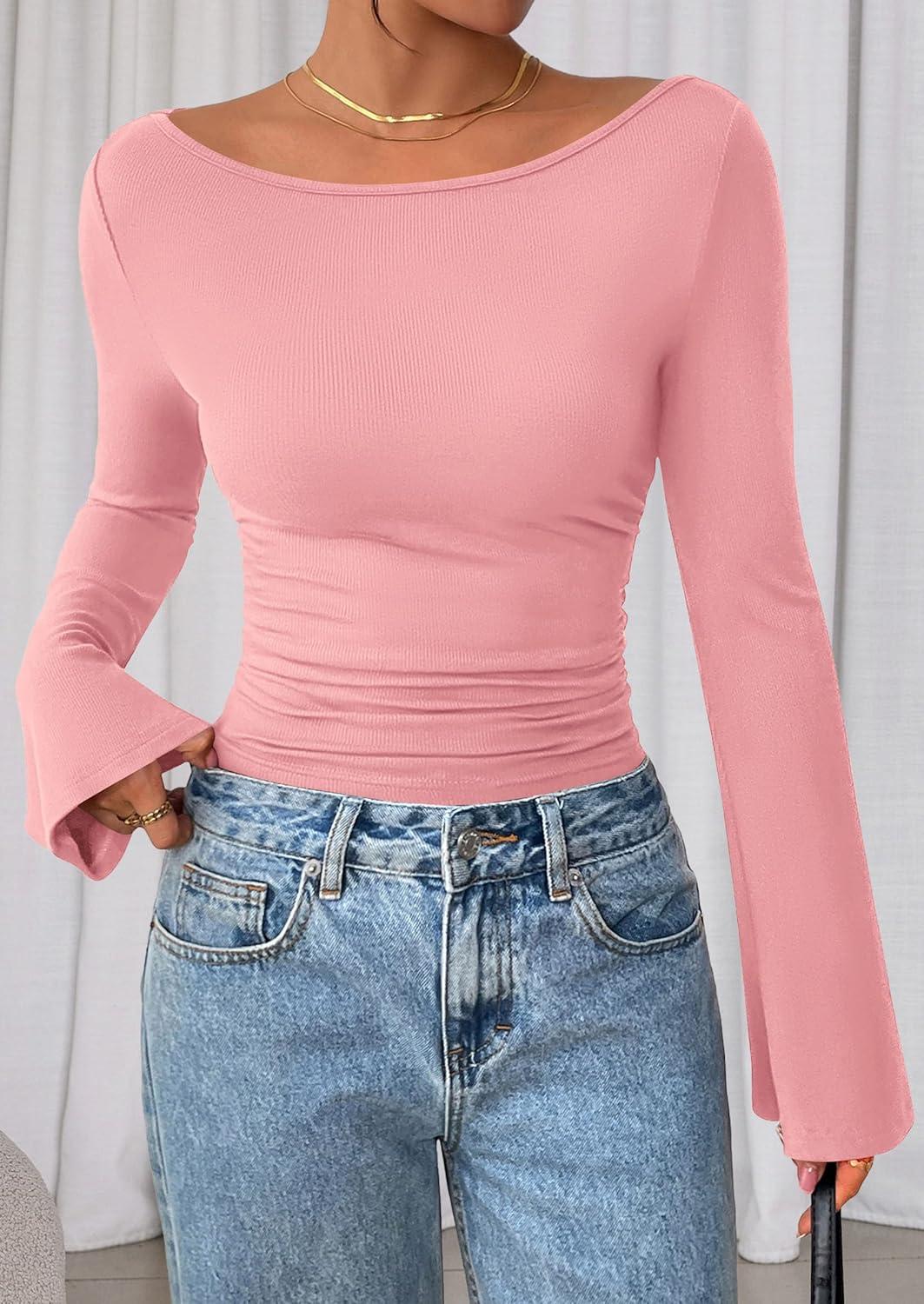 imagePRETTYGARDEN Womens Long Sleeve Shirts 2025 Fall Crop Going Out Tops Casual Boat Neck Bell Sleeve Ribbed Ruched Y2K ClothesPink