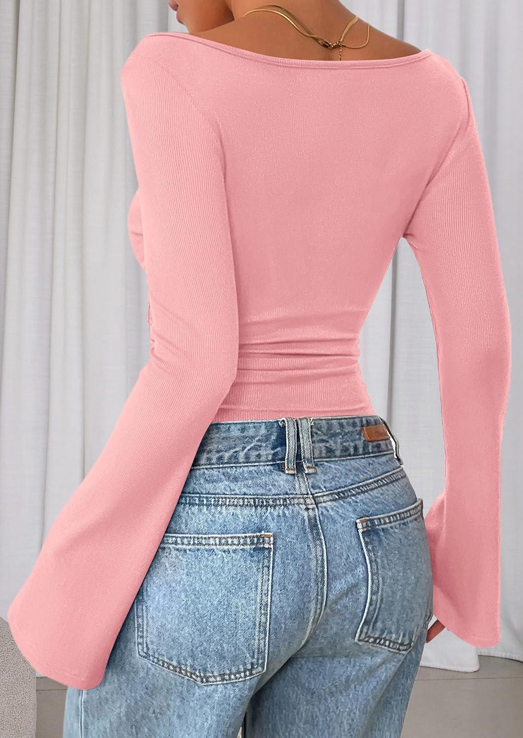 imagePRETTYGARDEN Womens Long Sleeve Shirts 2025 Fall Crop Going Out Tops Casual Boat Neck Bell Sleeve Ribbed Ruched Y2K ClothesPink