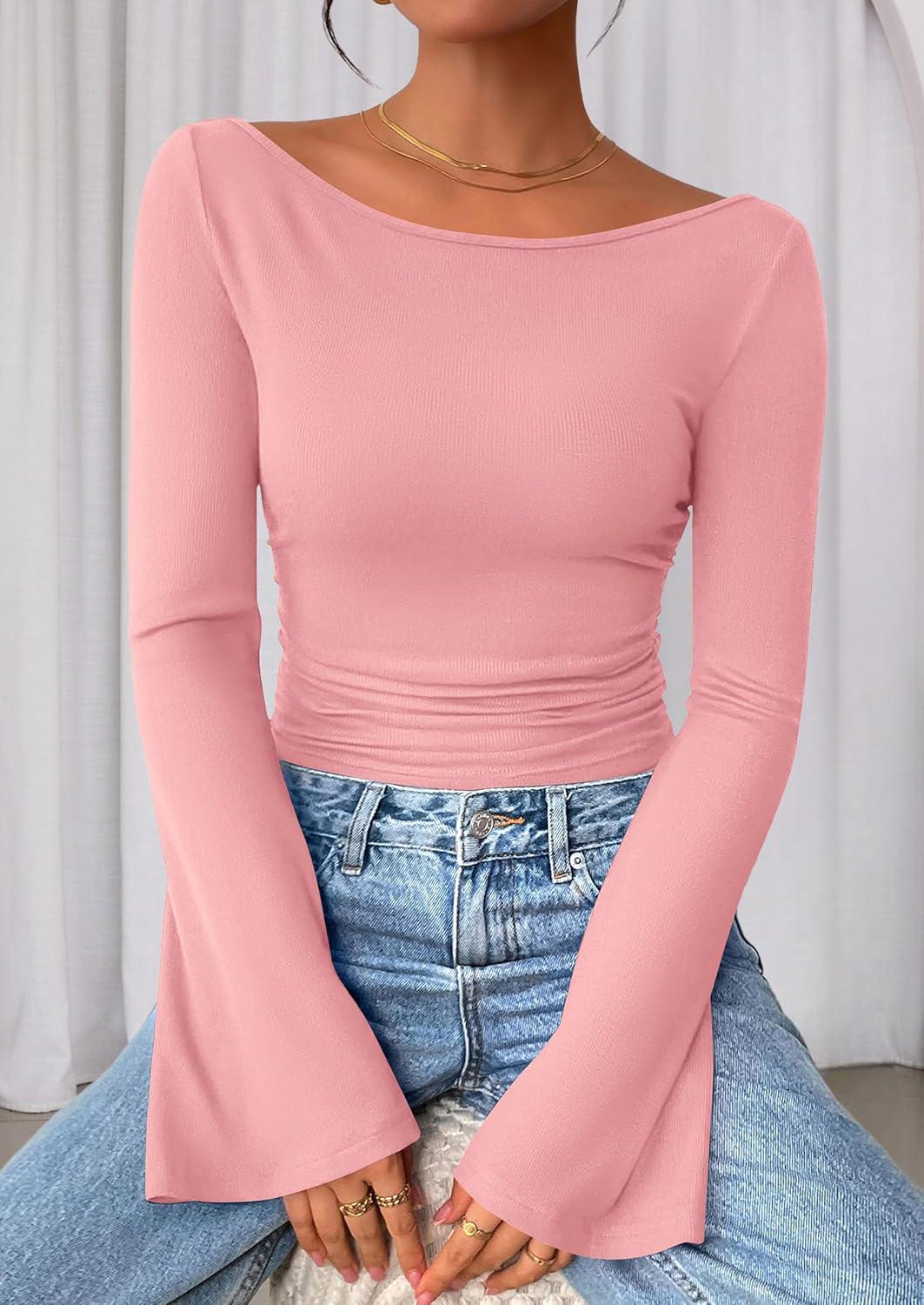 imagePRETTYGARDEN Womens Long Sleeve Shirts 2025 Fall Crop Going Out Tops Casual Boat Neck Bell Sleeve Ribbed Ruched Y2K ClothesPink