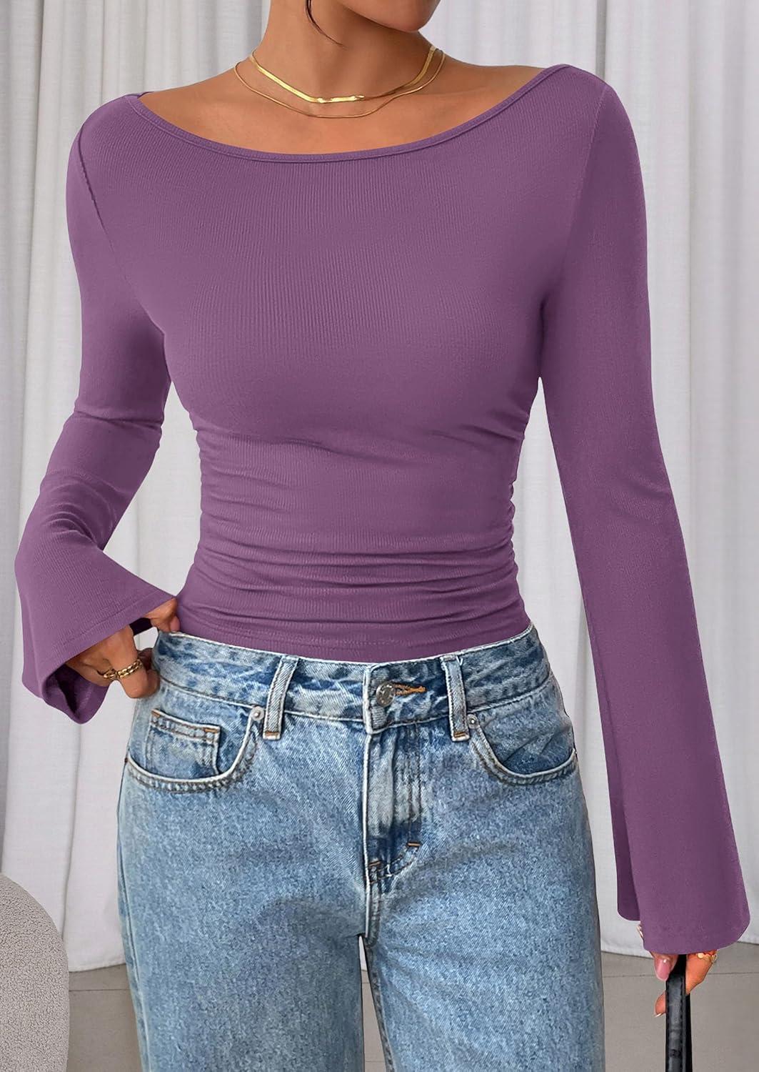 imagePRETTYGARDEN Womens Long Sleeve Shirts 2025 Fall Crop Going Out Tops Casual Boat Neck Bell Sleeve Ribbed Ruched Y2K ClothesPurple