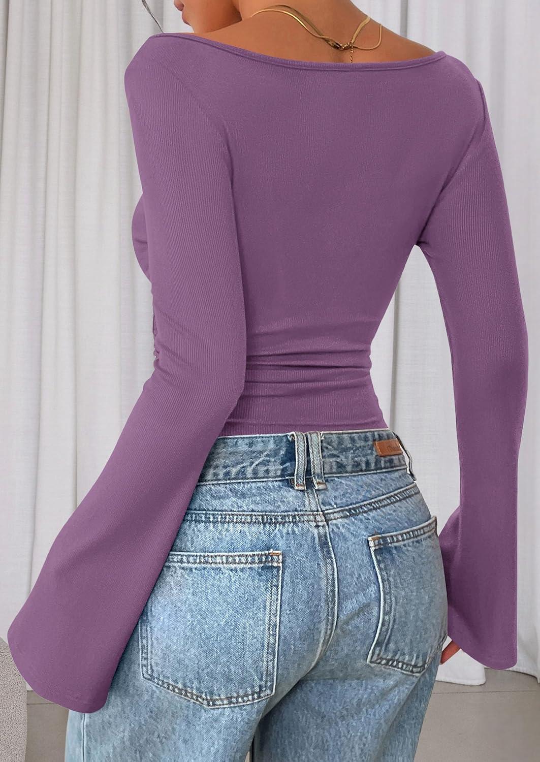 imagePRETTYGARDEN Womens Long Sleeve Shirts 2025 Fall Crop Going Out Tops Casual Boat Neck Bell Sleeve Ribbed Ruched Y2K ClothesPurple