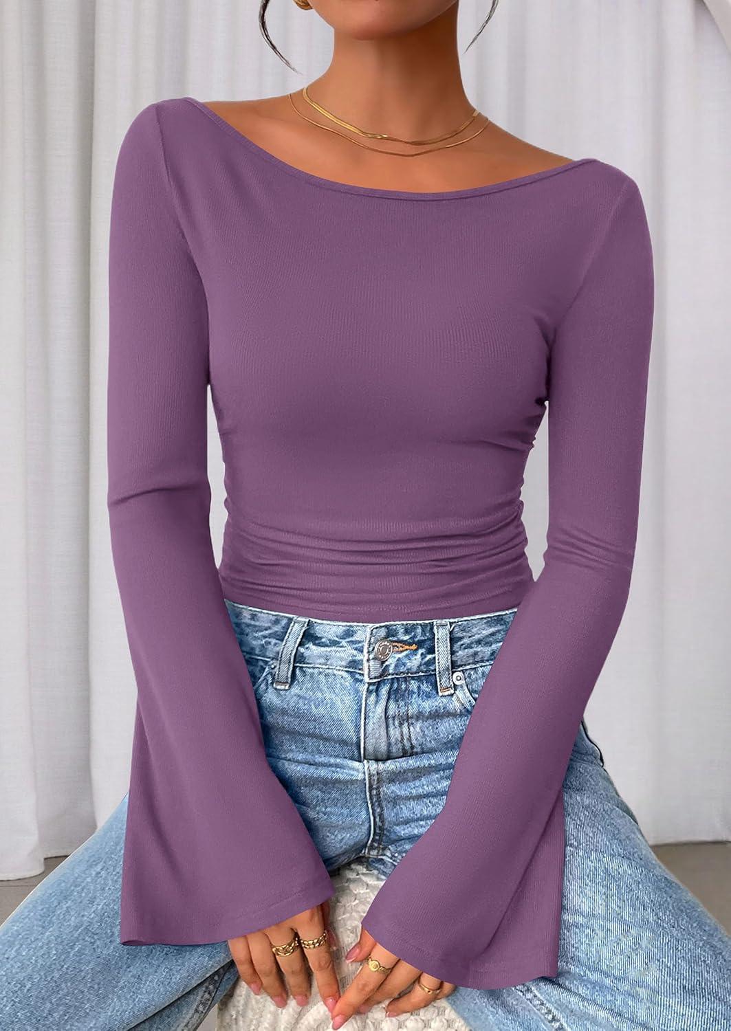 imagePRETTYGARDEN Womens Long Sleeve Shirts 2025 Fall Crop Going Out Tops Casual Boat Neck Bell Sleeve Ribbed Ruched Y2K ClothesPurple