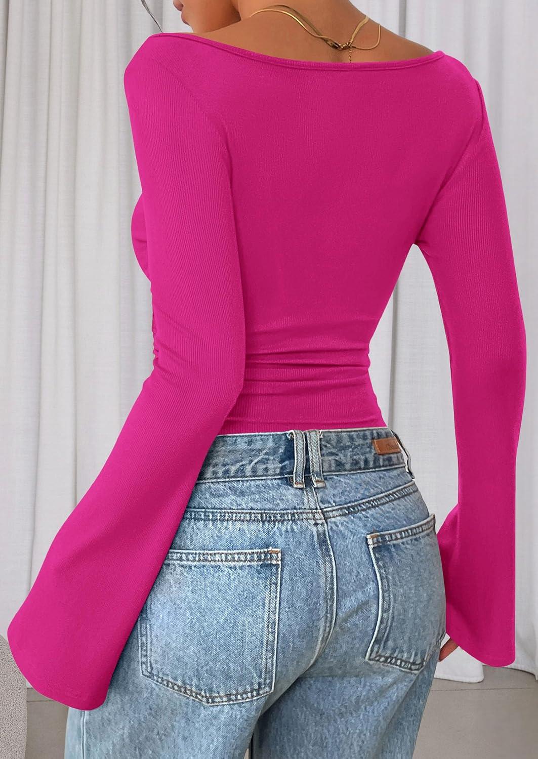 imagePRETTYGARDEN Womens Long Sleeve Shirts 2025 Fall Crop Going Out Tops Casual Boat Neck Bell Sleeve Ribbed Ruched Y2K ClothesRose Red