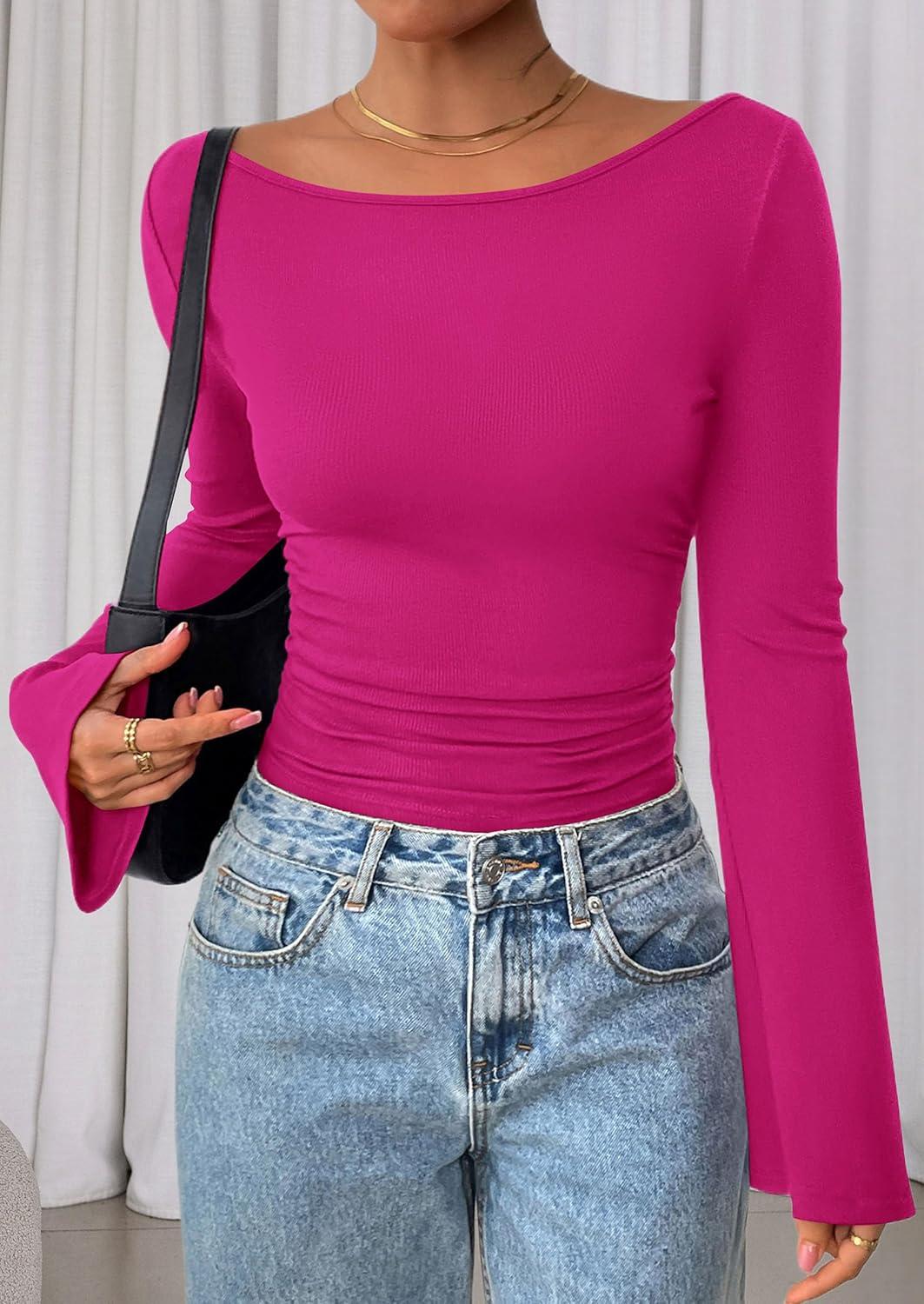 imagePRETTYGARDEN Womens Long Sleeve Shirts 2025 Fall Crop Going Out Tops Casual Boat Neck Bell Sleeve Ribbed Ruched Y2K ClothesRose Red