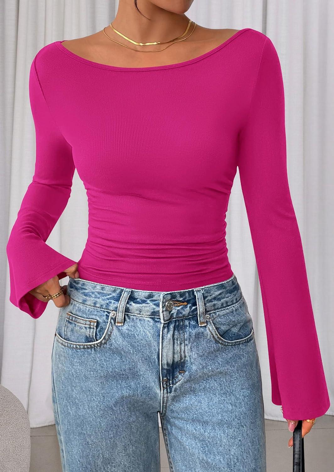 imagePRETTYGARDEN Womens Long Sleeve Shirts 2025 Fall Crop Going Out Tops Casual Boat Neck Bell Sleeve Ribbed Ruched Y2K ClothesRose Red