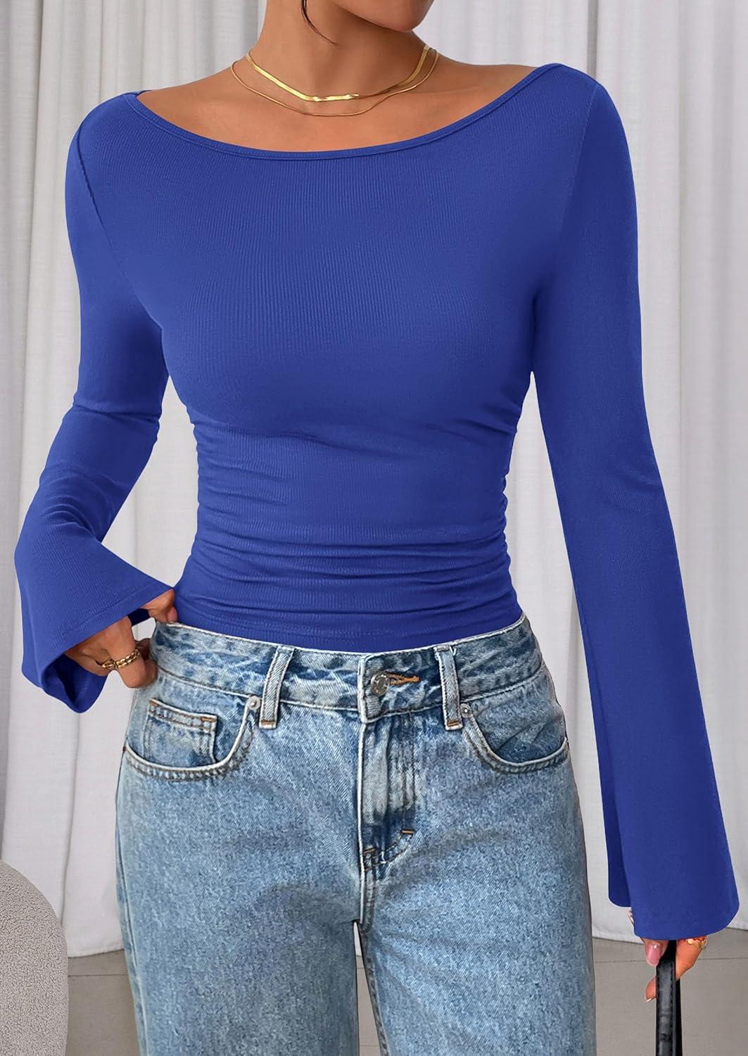 imagePRETTYGARDEN Womens Long Sleeve Shirts 2025 Fall Crop Going Out Tops Casual Boat Neck Bell Sleeve Ribbed Ruched Y2K ClothesRoyal Blue