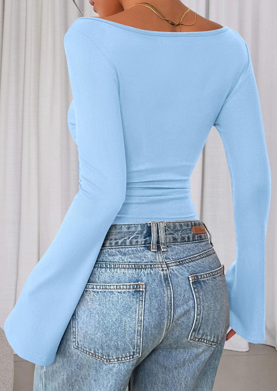 imagePRETTYGARDEN Womens Long Sleeve Shirts 2025 Fall Crop Going Out Tops Casual Boat Neck Bell Sleeve Ribbed Ruched Y2K ClothesSky Blue