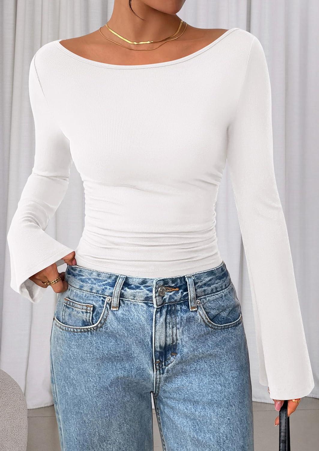 imagePRETTYGARDEN Womens Long Sleeve Shirts 2025 Fall Crop Going Out Tops Casual Boat Neck Bell Sleeve Ribbed Ruched Y2K ClothesWhite