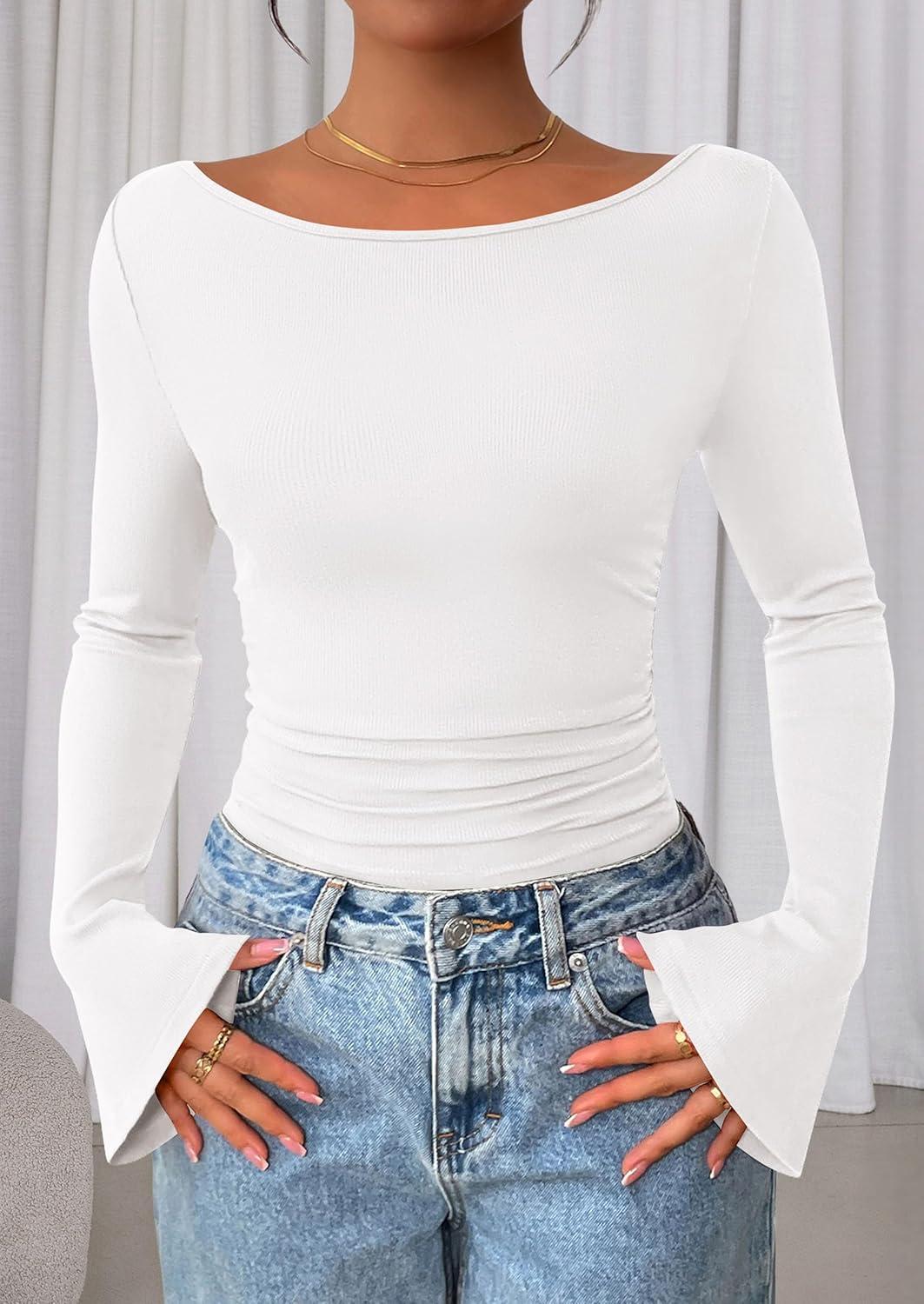 imagePRETTYGARDEN Womens Long Sleeve Shirts 2025 Fall Crop Going Out Tops Casual Boat Neck Bell Sleeve Ribbed Ruched Y2K ClothesWhite