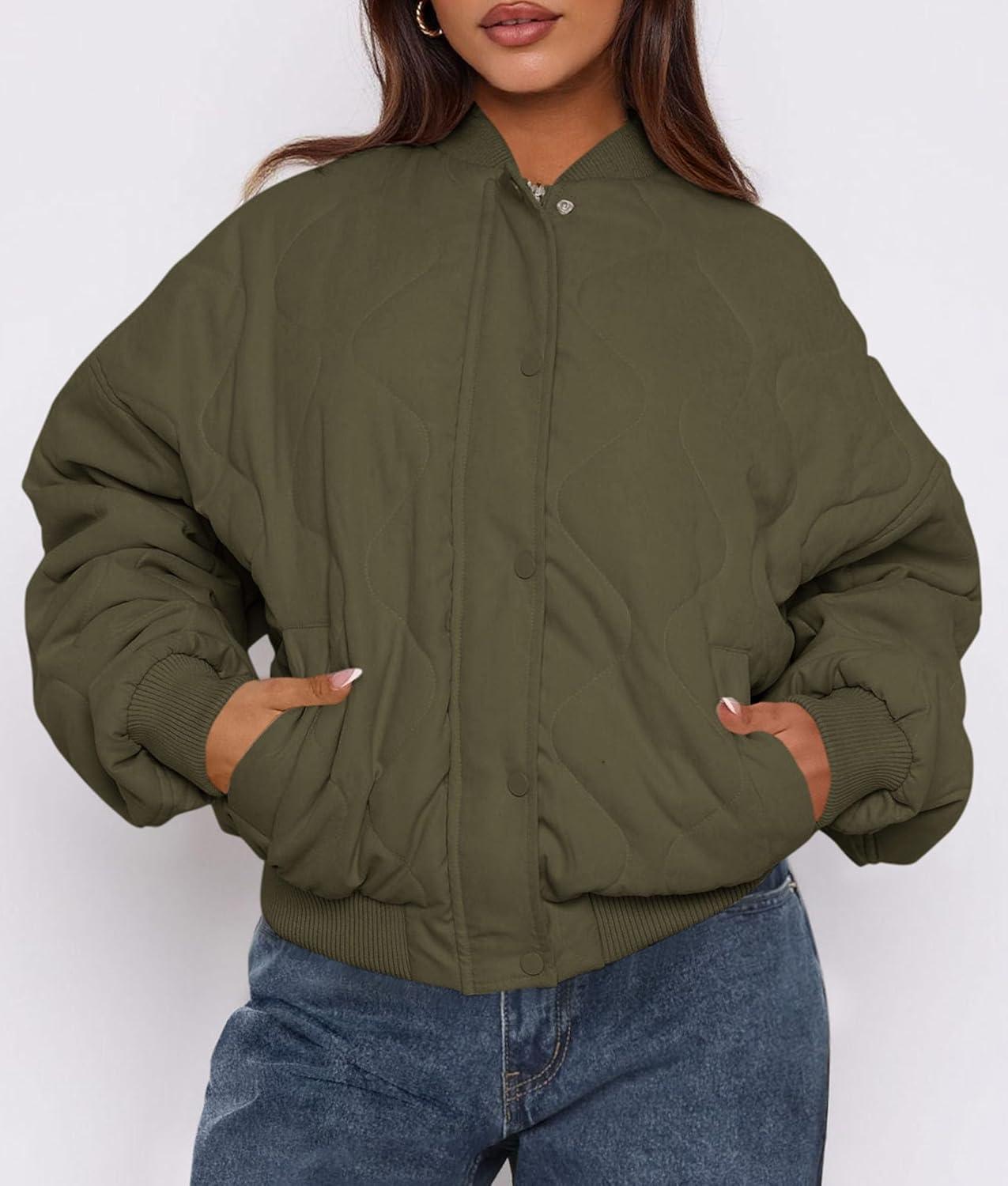 imagePRETTYGARDEN Womens Quilted Bomber Jacket Fall Fashion 2025 Lightweight Cropped Zip up Outerwear Winter Puffer Coats PocketsArmy Green