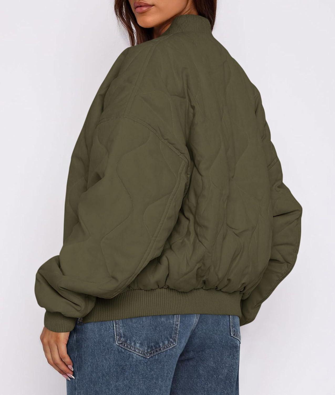 imagePRETTYGARDEN Womens Quilted Bomber Jacket Fall Fashion 2025 Lightweight Cropped Zip up Outerwear Winter Puffer Coats PocketsArmy Green