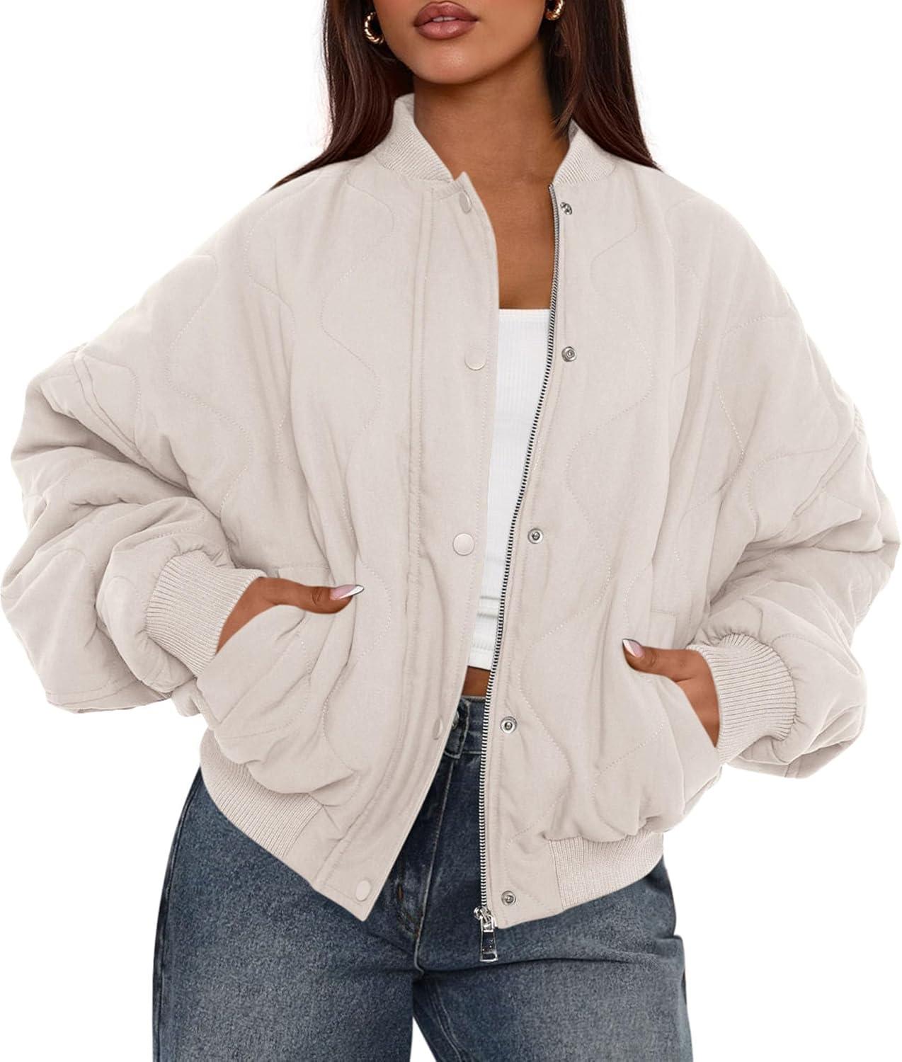 imagePRETTYGARDEN Womens Quilted Bomber Jacket Fall Fashion 2025 Lightweight Cropped Zip up Outerwear Winter Puffer Coats PocketsBeige