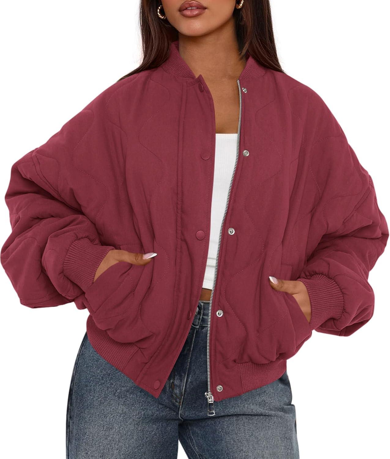 imagePRETTYGARDEN Womens Quilted Bomber Jacket Fall Fashion 2025 Lightweight Cropped Zip up Outerwear Winter Puffer Coats PocketsBurgundy