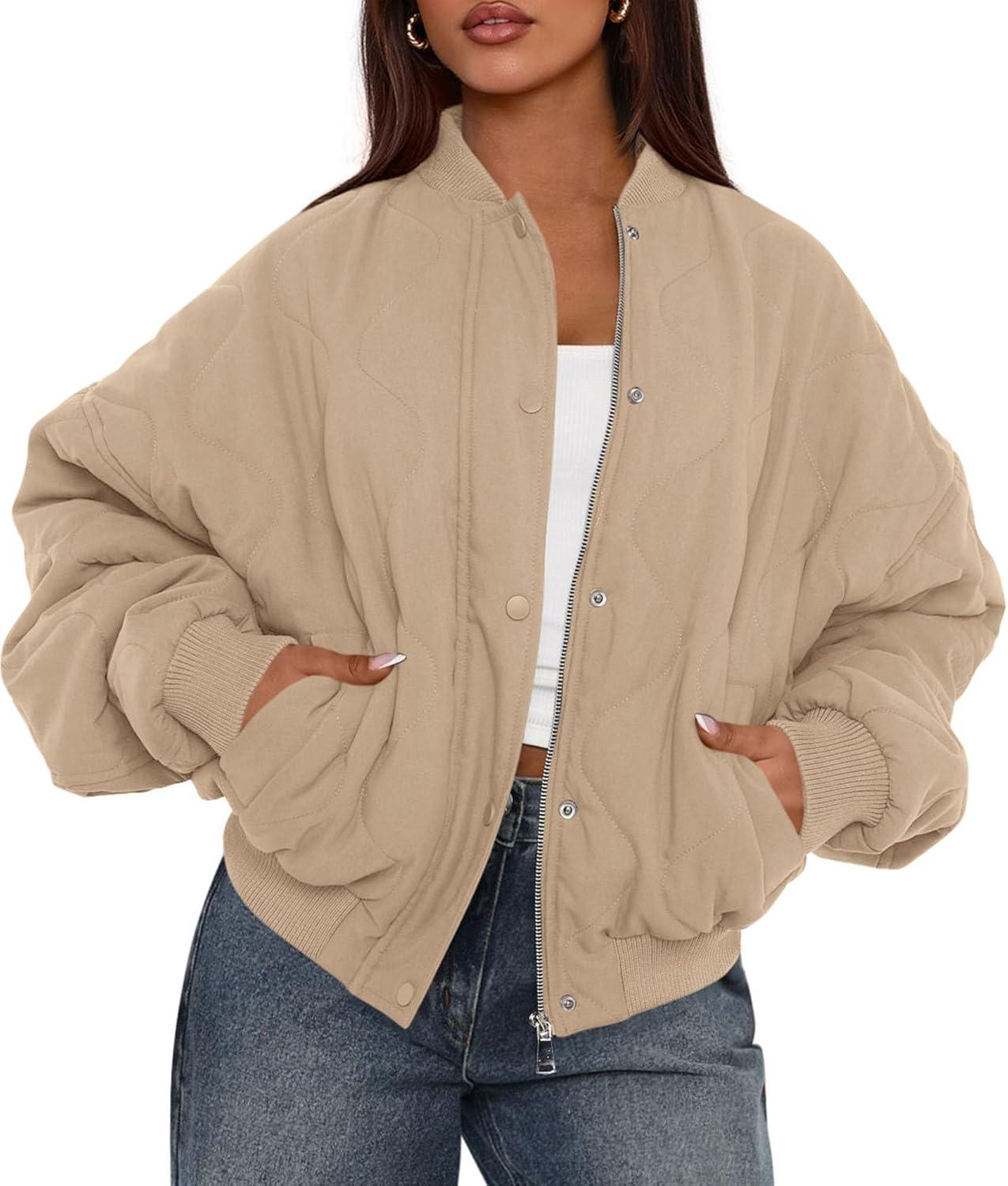 imagePRETTYGARDEN Womens Quilted Bomber Jacket Fall Fashion 2025 Lightweight Cropped Zip up Outerwear Winter Puffer Coats PocketsKhaki