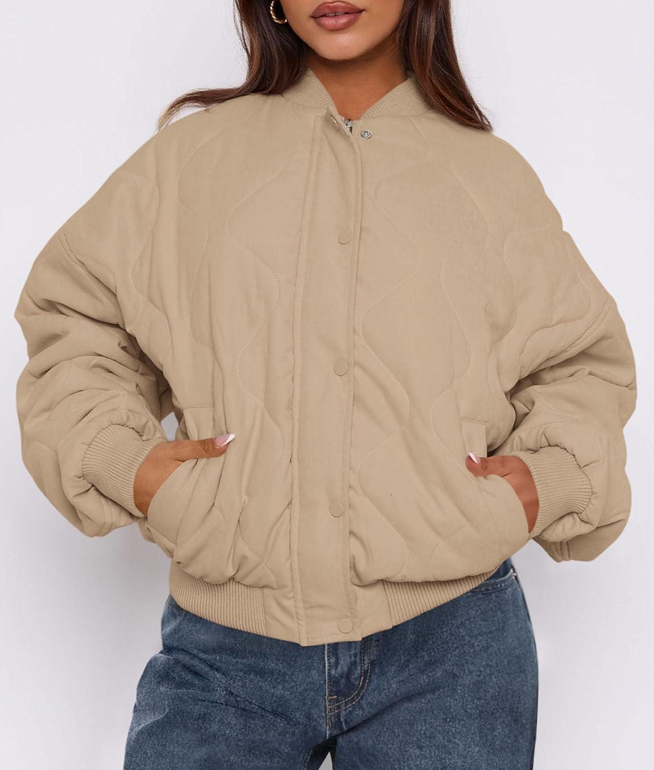 imagePRETTYGARDEN Womens Quilted Bomber Jacket Fall Fashion 2025 Lightweight Cropped Zip up Outerwear Winter Puffer Coats PocketsKhaki