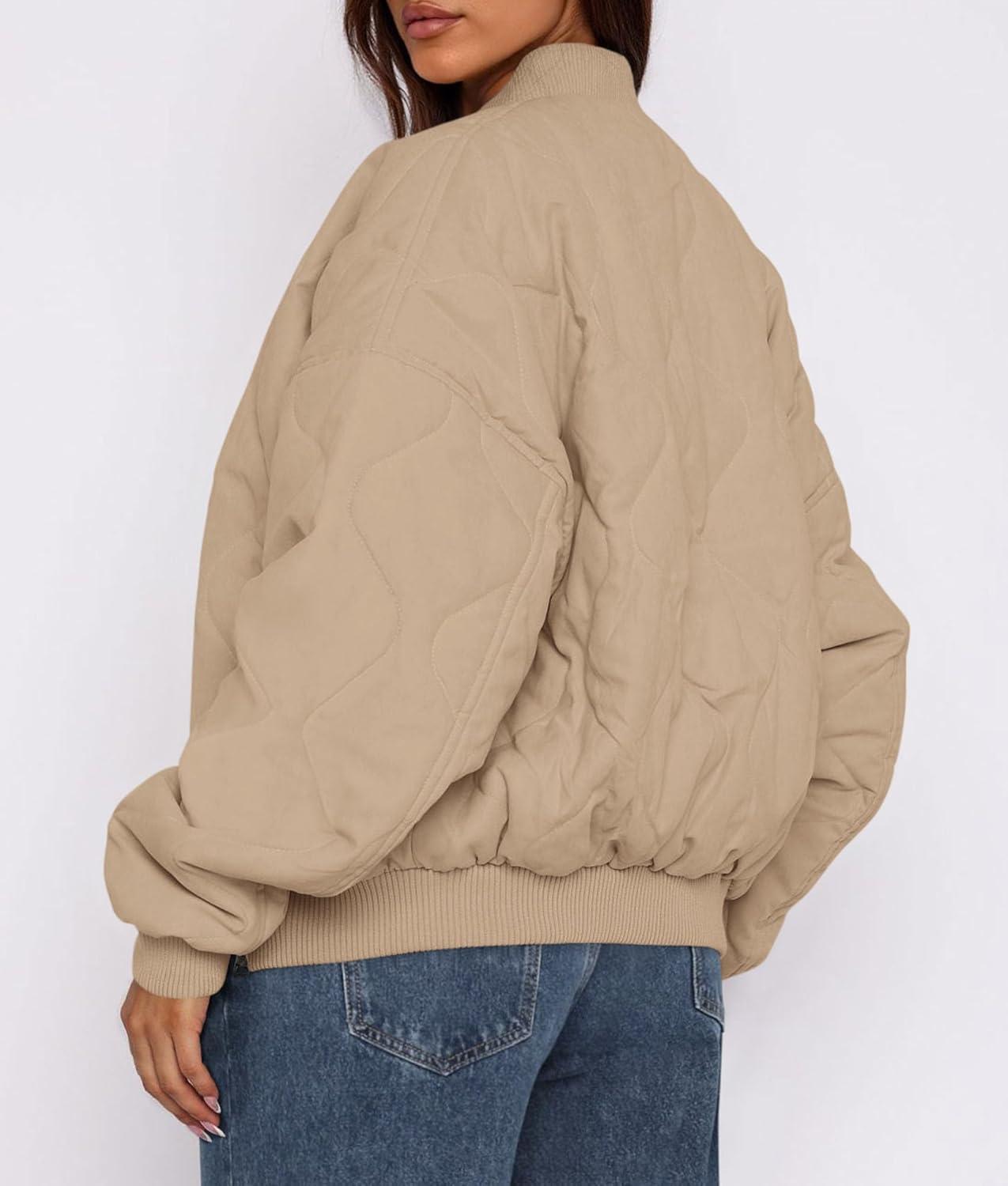 imagePRETTYGARDEN Womens Quilted Bomber Jacket Fall Fashion 2025 Lightweight Cropped Zip up Outerwear Winter Puffer Coats PocketsKhaki