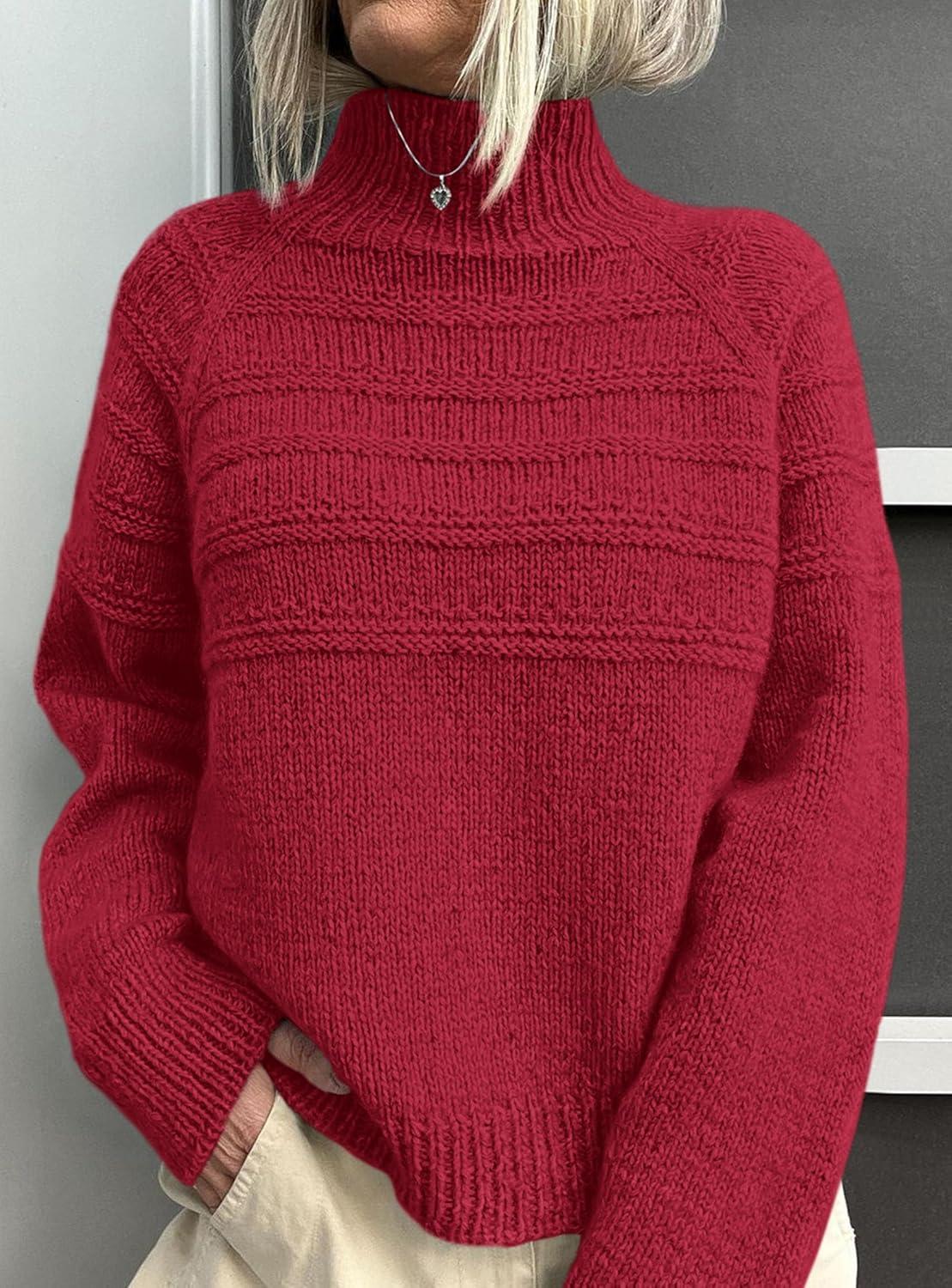 imagePRETTYGARDEN Womens Turtleneck Sweaters 2025 Fall Chunky Knit Pullover Long Sleeve Jumper Tops Trendy Winter ClothesRed