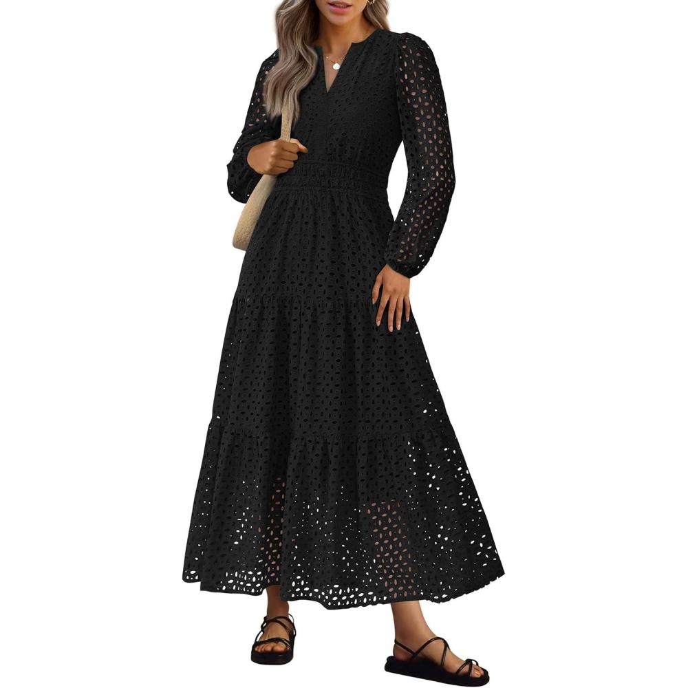 imagePRETTYGARDEN Womens Long Sleeve Maxi Dress V Neck Hollow Out Eyelet A Line Long Flowy 2025 Fall Wedding Guest DressesBlack