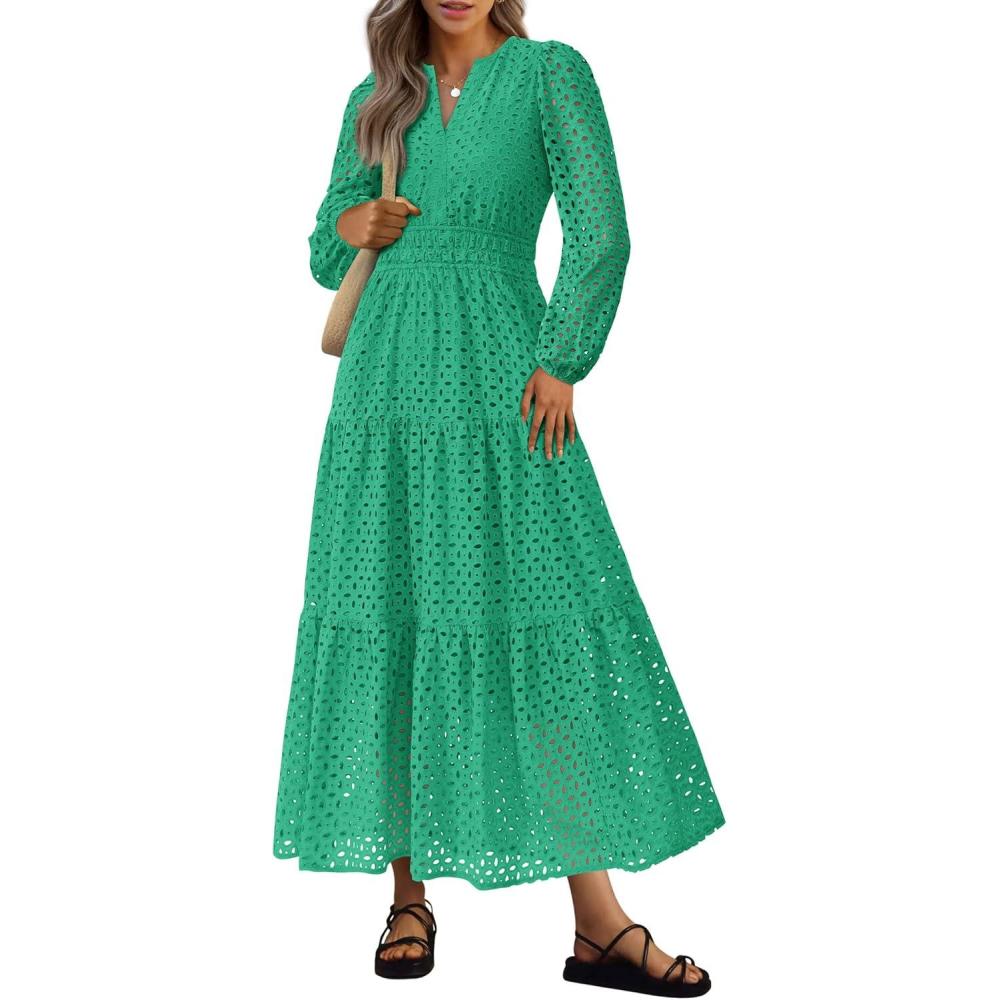 imagePRETTYGARDEN Womens Long Sleeve Maxi Dress V Neck Hollow Out Eyelet A Line Long Flowy 2025 Fall Wedding Guest DressesGreen
