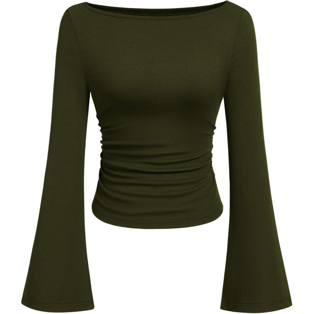 imagePRETTYGARDEN Womens Long Sleeve Shirts 2025 Fall Crop Going Out Tops Casual Boat Neck Bell Sleeve Ribbed Ruched Y2K ClothesArmy Green