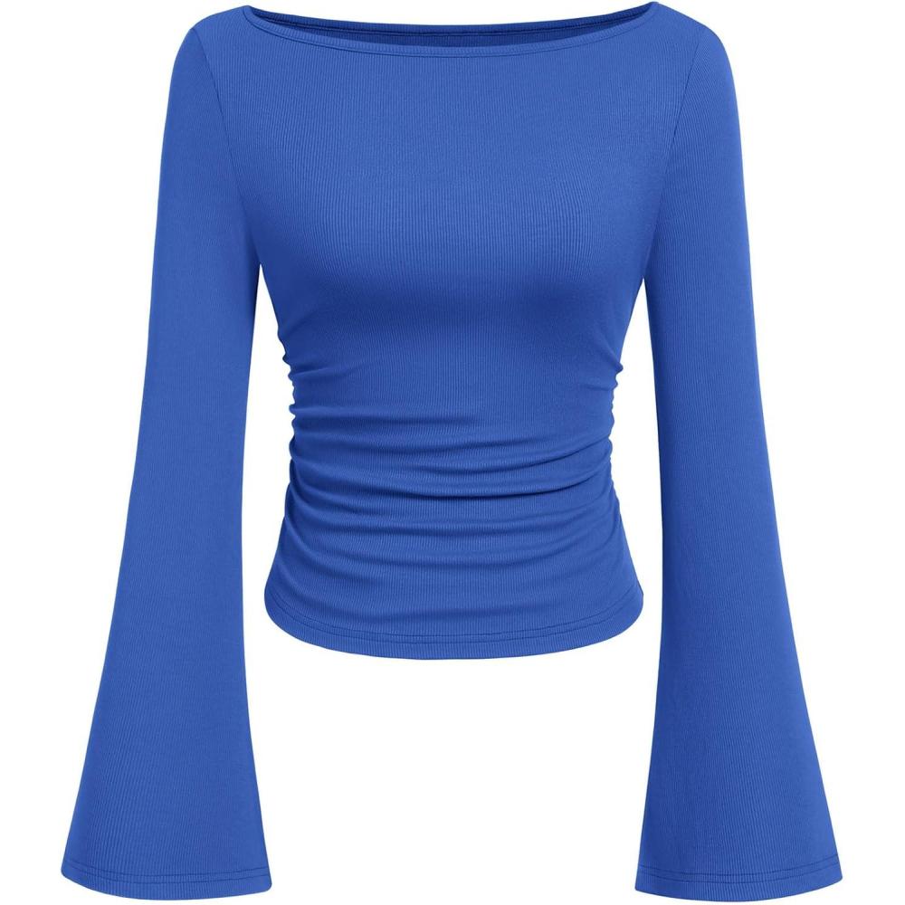 imagePRETTYGARDEN Womens Long Sleeve Shirts 2025 Fall Crop Going Out Tops Casual Boat Neck Bell Sleeve Ribbed Ruched Y2K ClothesBlue