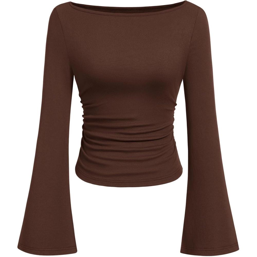 imagePRETTYGARDEN Womens Long Sleeve Shirts 2025 Fall Crop Going Out Tops Casual Boat Neck Bell Sleeve Ribbed Ruched Y2K ClothesBrown
