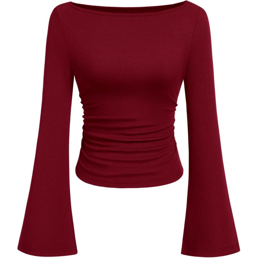 imagePRETTYGARDEN Womens Long Sleeve Shirts 2025 Fall Crop Going Out Tops Casual Boat Neck Bell Sleeve Ribbed Ruched Y2K ClothesBurgundy
