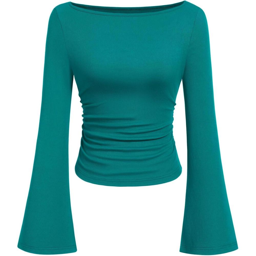 imagePRETTYGARDEN Womens Long Sleeve Shirts 2025 Fall Crop Going Out Tops Casual Boat Neck Bell Sleeve Ribbed Ruched Y2K ClothesDark Cyan