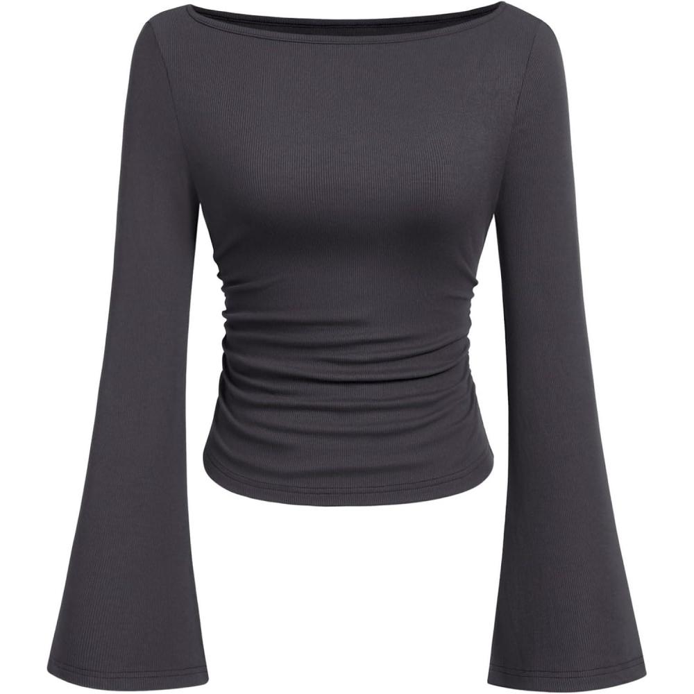 imagePRETTYGARDEN Womens Long Sleeve Shirts 2025 Fall Crop Going Out Tops Casual Boat Neck Bell Sleeve Ribbed Ruched Y2K ClothesDark Grey