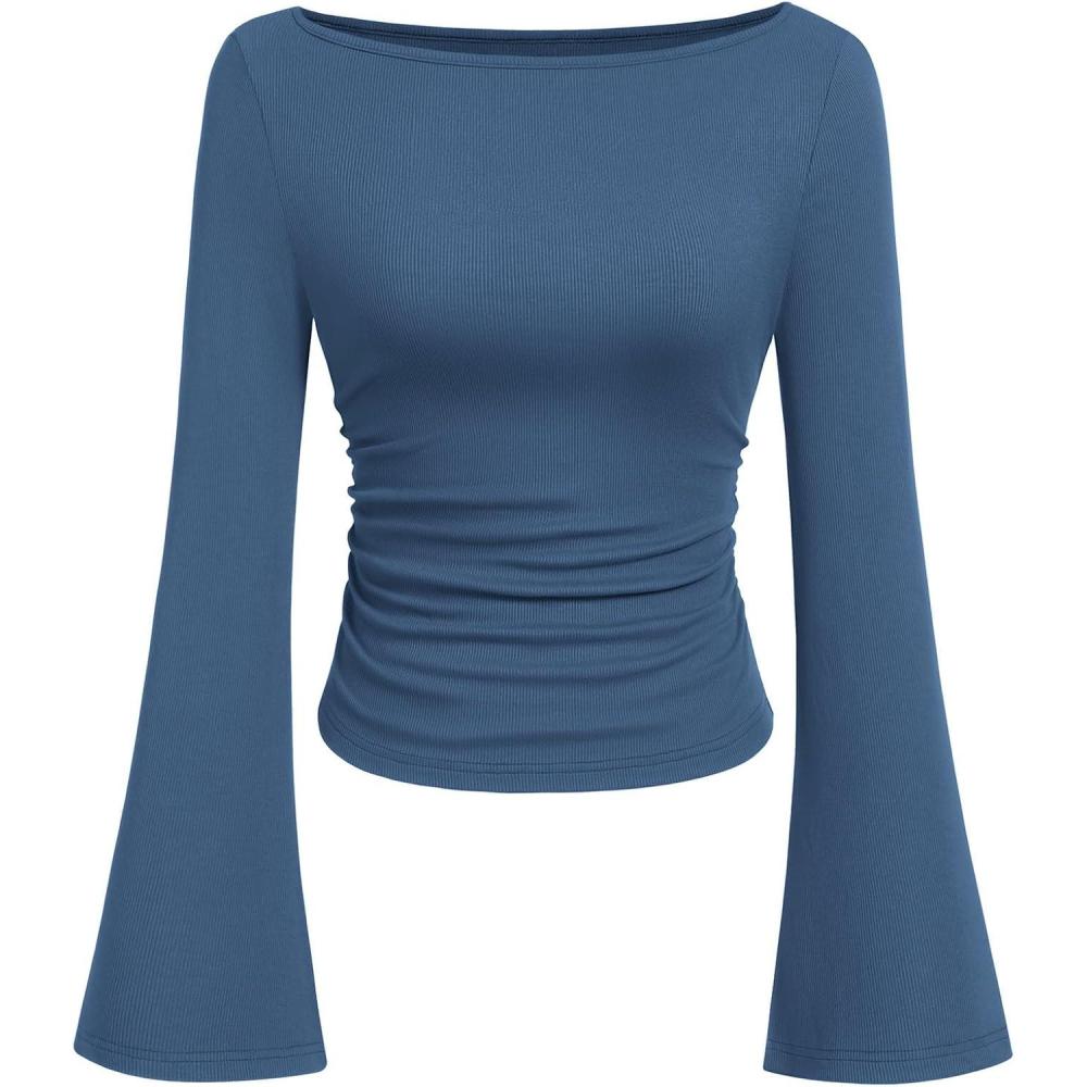 imagePRETTYGARDEN Womens Long Sleeve Shirts 2025 Fall Crop Going Out Tops Casual Boat Neck Bell Sleeve Ribbed Ruched Y2K ClothesGrey Blue