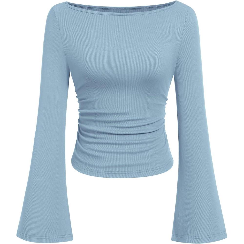 imagePRETTYGARDEN Womens Long Sleeve Shirts 2025 Fall Crop Going Out Tops Casual Boat Neck Bell Sleeve Ribbed Ruched Y2K ClothesLight Blue