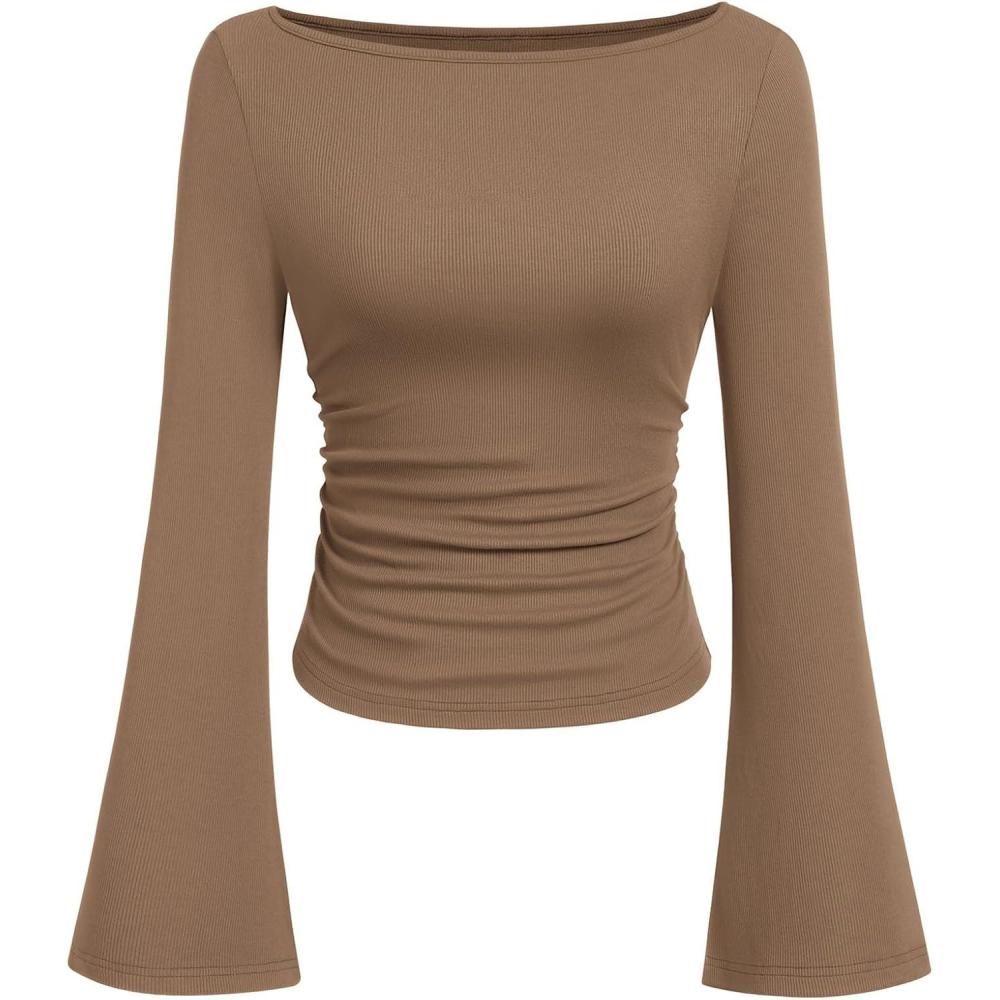 imagePRETTYGARDEN Womens Long Sleeve Shirts 2025 Fall Crop Going Out Tops Casual Boat Neck Bell Sleeve Ribbed Ruched Y2K ClothesLight Brown