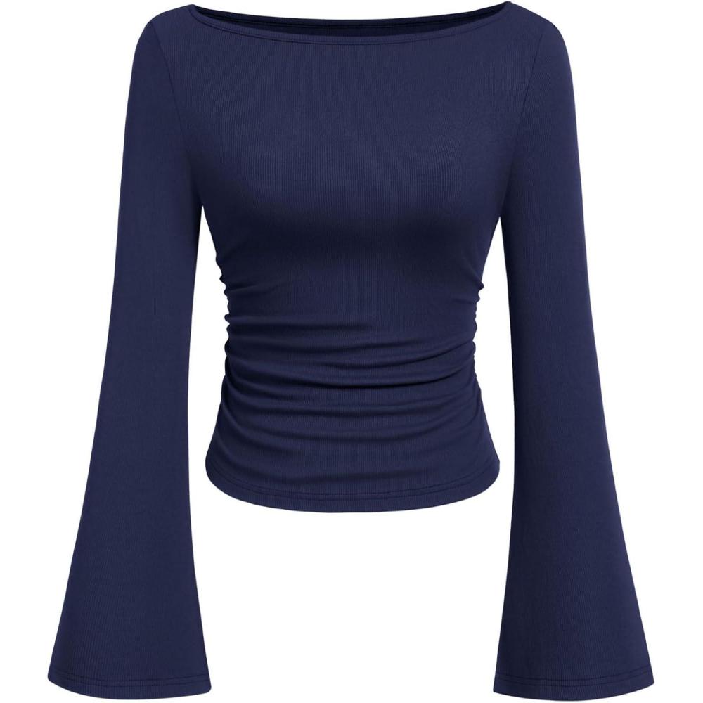 imagePRETTYGARDEN Womens Long Sleeve Shirts 2025 Fall Crop Going Out Tops Casual Boat Neck Bell Sleeve Ribbed Ruched Y2K ClothesNavy Blue