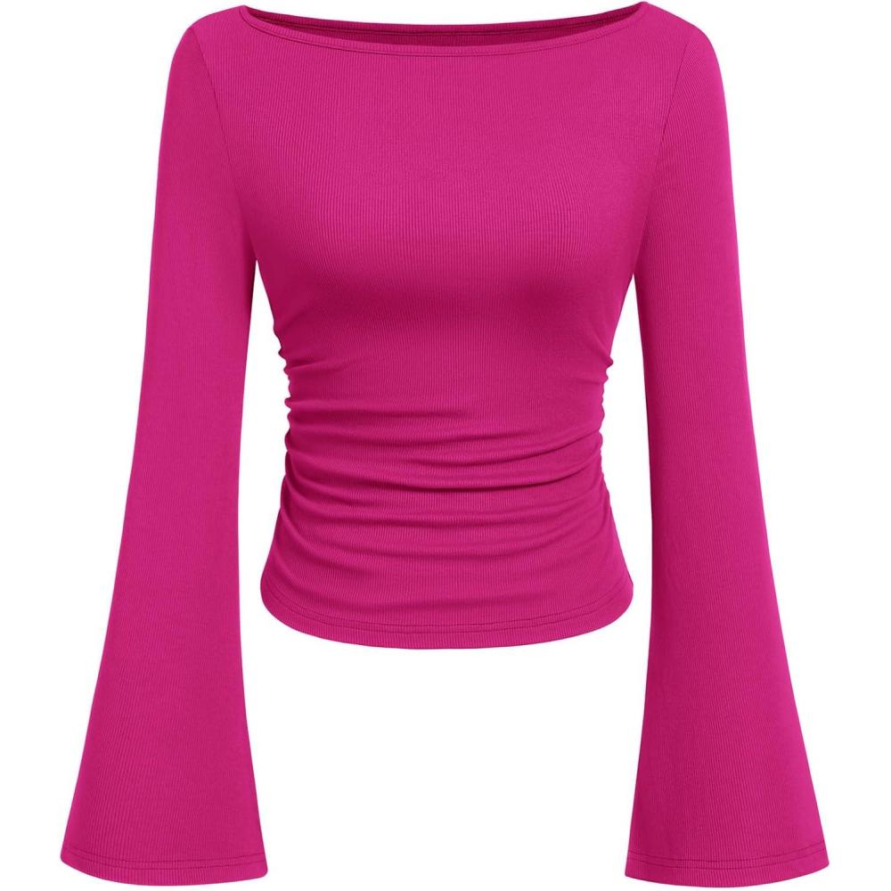 imagePRETTYGARDEN Womens Long Sleeve Shirts 2025 Fall Crop Going Out Tops Casual Boat Neck Bell Sleeve Ribbed Ruched Y2K ClothesRose Red