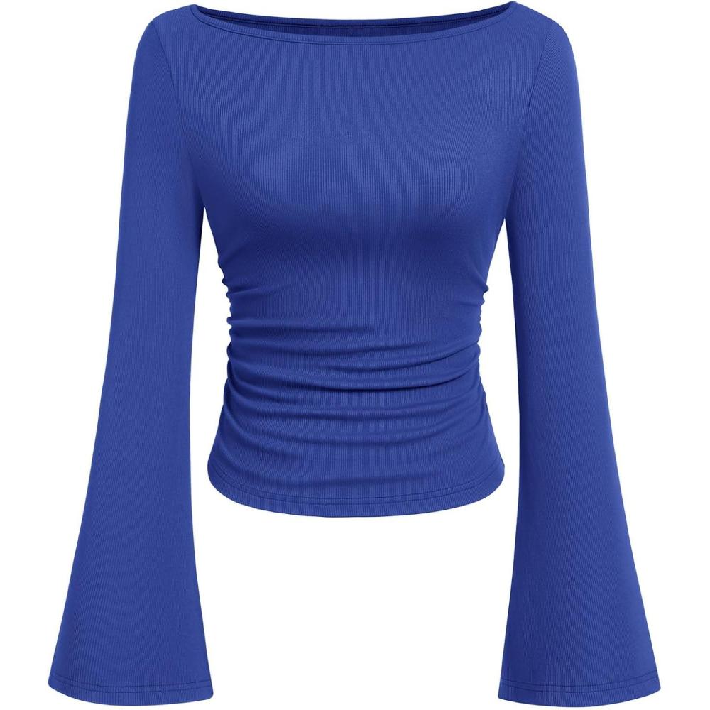 imagePRETTYGARDEN Womens Long Sleeve Shirts 2025 Fall Crop Going Out Tops Casual Boat Neck Bell Sleeve Ribbed Ruched Y2K ClothesRoyal Blue