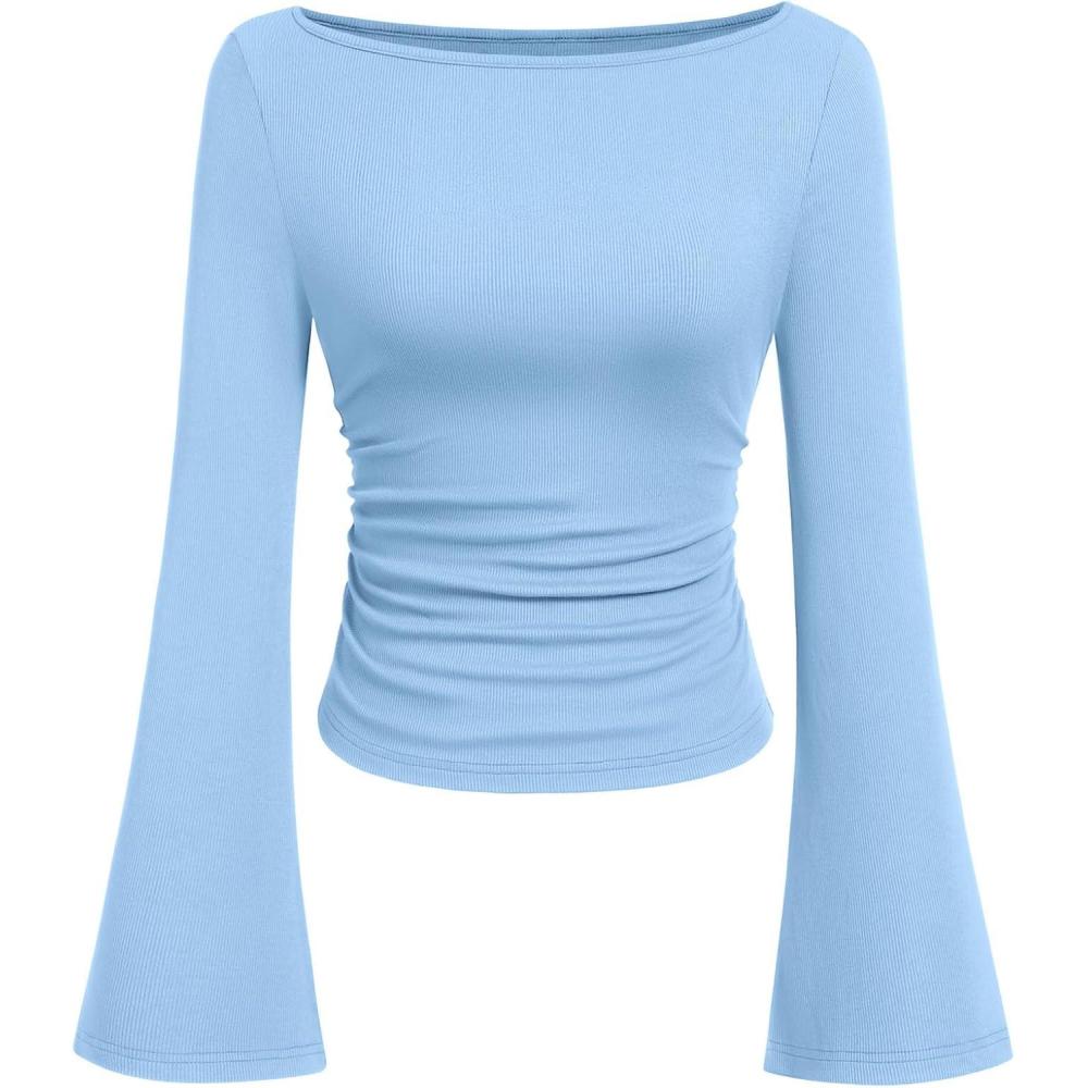 imagePRETTYGARDEN Womens Long Sleeve Shirts 2025 Fall Crop Going Out Tops Casual Boat Neck Bell Sleeve Ribbed Ruched Y2K ClothesSky Blue