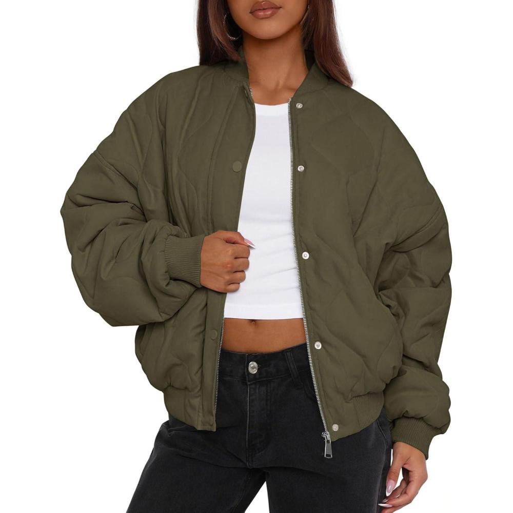 imagePRETTYGARDEN Womens Quilted Bomber Jacket Fall Fashion 2025 Lightweight Cropped Zip up Outerwear Winter Puffer Coats PocketsArmy Green