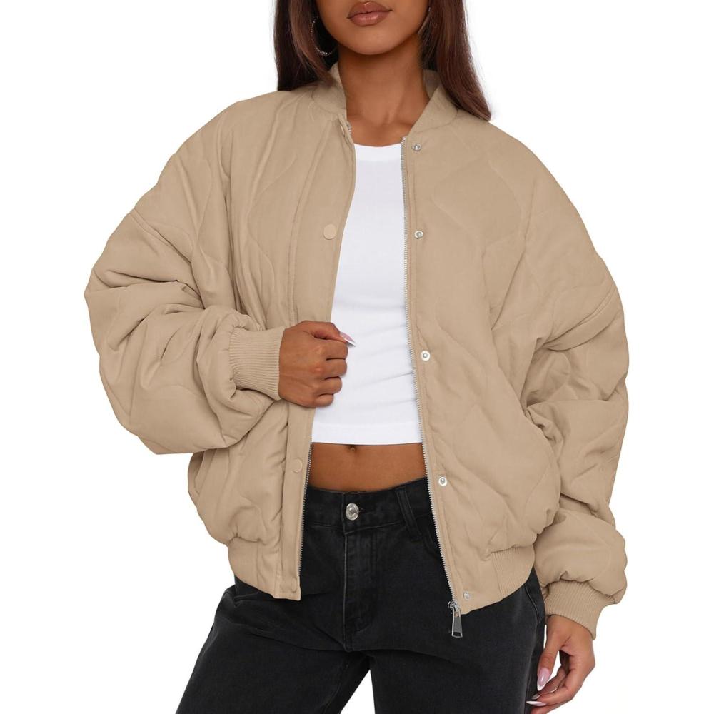 imagePRETTYGARDEN Womens Quilted Bomber Jacket Fall Fashion 2025 Lightweight Cropped Zip up Outerwear Winter Puffer Coats PocketsKhaki