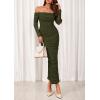 imagePRETTYGARDEN Womens 2025 Fall Long Sleeve Maxi Dress Off Shoulder Mesh Ruched Bodycon Trendy Long Wedding Guest DressesArmy Green