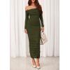 imagePRETTYGARDEN Womens 2025 Fall Long Sleeve Maxi Dress Off Shoulder Mesh Ruched Bodycon Trendy Long Wedding Guest DressesArmy Green