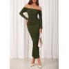 imagePRETTYGARDEN Womens 2025 Fall Long Sleeve Maxi Dress Off Shoulder Mesh Ruched Bodycon Trendy Long Wedding Guest DressesArmy Green