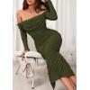 imagePRETTYGARDEN Womens 2025 Fall Long Sleeve Maxi Dress Off Shoulder Mesh Ruched Bodycon Trendy Long Wedding Guest DressesArmy Green