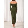 imagePRETTYGARDEN Womens 2025 Fall Long Sleeve Maxi Dress Off Shoulder Mesh Ruched Bodycon Trendy Long Wedding Guest DressesArmy Green