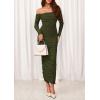 imagePRETTYGARDEN Womens 2025 Fall Long Sleeve Maxi Dress Off Shoulder Mesh Ruched Bodycon Trendy Long Wedding Guest DressesArmy Green