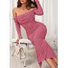 imagePRETTYGARDEN Womens 2025 Fall Long Sleeve Maxi Dress Off Shoulder Mesh Ruched Bodycon Trendy Long Wedding Guest DressesDark Pink