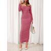 imagePRETTYGARDEN Womens 2025 Fall Long Sleeve Maxi Dress Off Shoulder Mesh Ruched Bodycon Trendy Long Wedding Guest DressesDark Pink