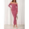 imagePRETTYGARDEN Womens 2025 Fall Long Sleeve Maxi Dress Off Shoulder Mesh Ruched Bodycon Trendy Long Wedding Guest DressesDark Pink