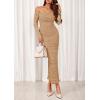 imagePRETTYGARDEN Womens 2025 Fall Long Sleeve Maxi Dress Off Shoulder Mesh Ruched Bodycon Trendy Long Wedding Guest DressesKhaki